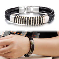 Genuine Cow Leather Bracelet Black Silver Unisex  Hook Clasp G309