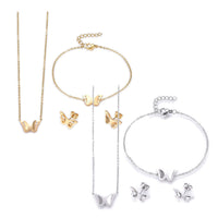 Stainless Steel Set Pendant Necklace Earring Bracelet Butterfly Gold 16.54" P737