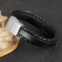 Stainless Steel Genuine Leather Bracelet Black Silver Men's Unisex Slide G382