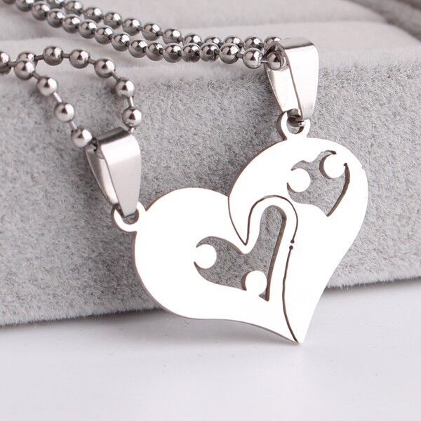 316L Stainless Steel Pendant 1.18X0.92 Inch Heart Lovers Silver Necklace 22" B96