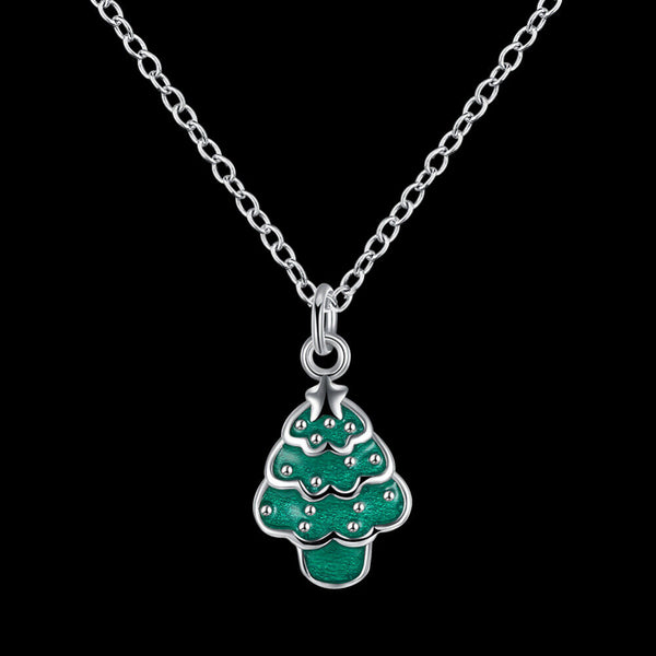 Brass Enamel Pendant Necklace Christmas Tree Green Silver 17.7" P22