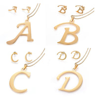 Stainless Steel Pendant 2" Earrings Necklace 17.7" Set Alphabet Letter Gold P814