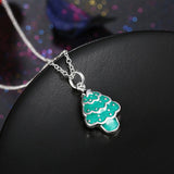 Brass Enamel Pendant Necklace Christmas Tree Green Silver 17.7" P22