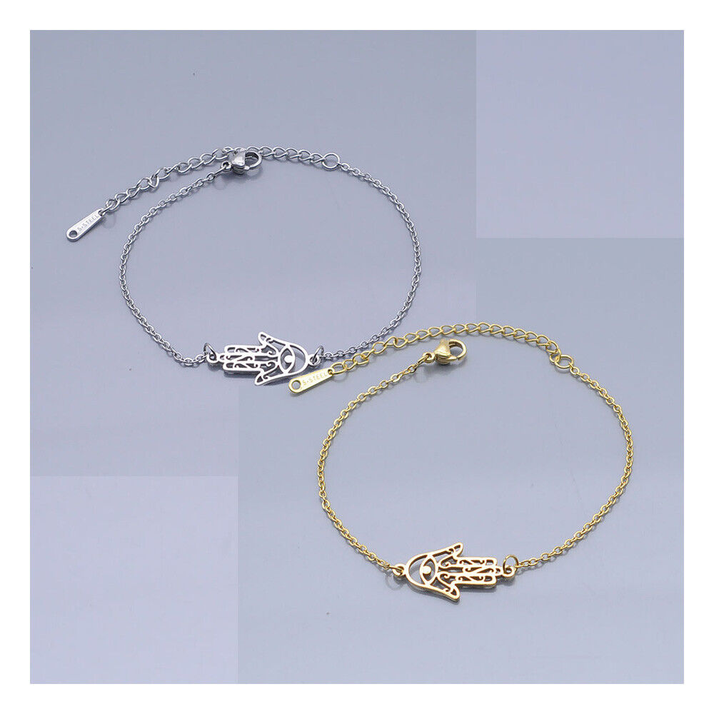 Stainless Steel Link Bracelet Lobster Clasp Hamsa Silver Gold Adjustable P261