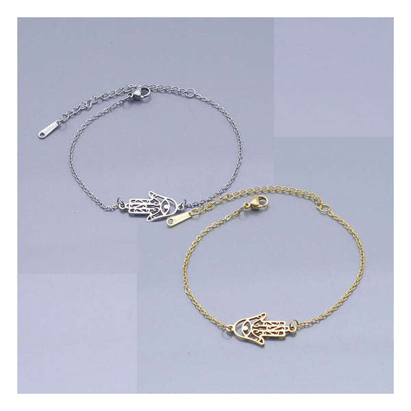 Stainless Steel Link Bracelet Lobster Clasp Hamsa Silver Gold Adjustable P261