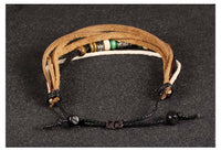 Genuine Leather Hemp Wood Bracelet Green Brown Luchy Charm Wood Alloy Beads G376