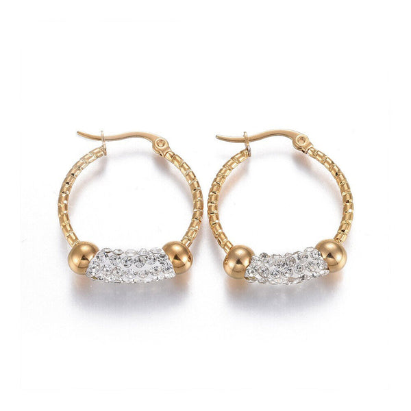 Gold Tone Stainless Steel Hoop Earrings Polymer Clay Zirconia Ring A184