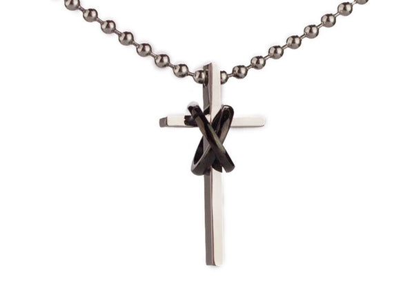 Stainless Steel Cross Rings Pendant Beads Necklace Unisex Silver Black L167