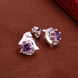 Sterling Silver Drop Dangle Stud Earrings Purple Zirconia L44