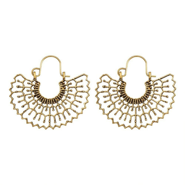 Bohemian Hoop Earrings Arched Shape Antique Gold 38mm Flower 29x40.5x2mm P354