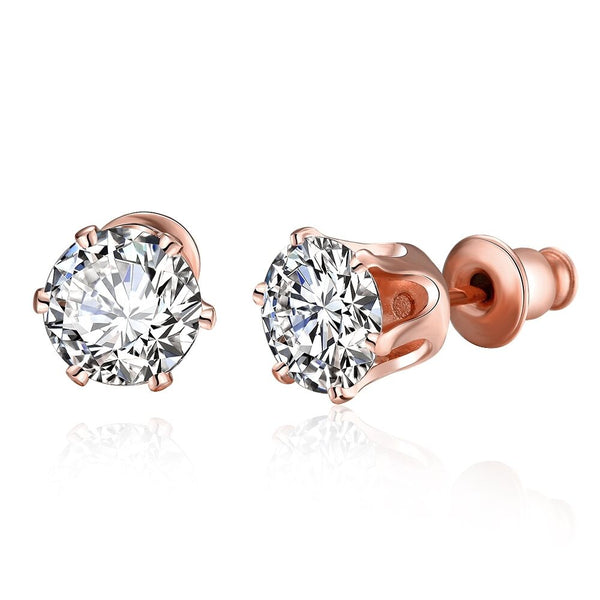 Rose Gold Plated  Earrings Stud AAA Zirconia Push Back 0.64" L180