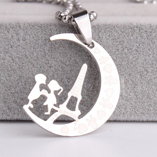 316L Stainless Steel Pendant 0.94X1.10 Inch Moon Couple Silver Necklace 22" B146