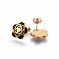 Stainless Steel Set Necklace Stud Earrings Enamel Flower Gold 16.5" Z756