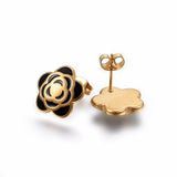 Stainless Steel Set Necklace Stud Earrings Enamel Flower Gold 16.5" Z756