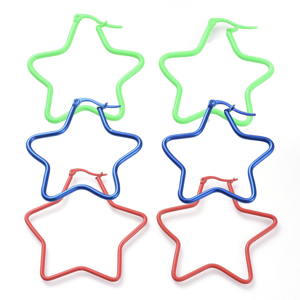 304 Stainless Steel Hoop Earrings Star Blue Green Yellow Red 1.6" To 2.3" P574