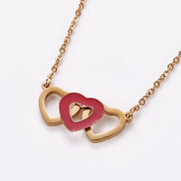 Stainless Steel Enamel Set Earring Pendant Necklace Heart Gold 19.5" P764