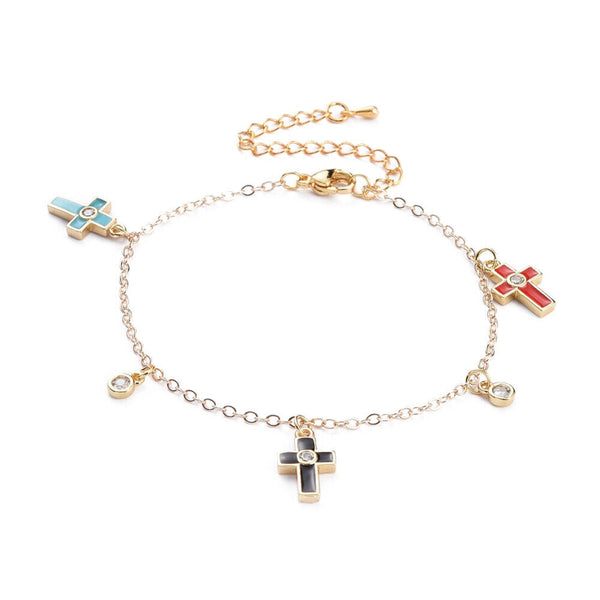 Zirconia Charms Bracelet Enamel Stainless Steel Lobster Cross Adjustable Z139