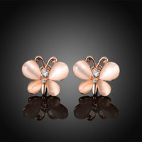 Rose Gold Plated White Earrings Stud Czech Push Back Butterfly 0.52" L187