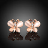 Rose Gold Plated White Earrings Stud Czech Push Back Butterfly 0.52" L187