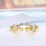 Yellow Gold Plated Earrings Bow Stud AAA Zirconia Push Back Clasp L493