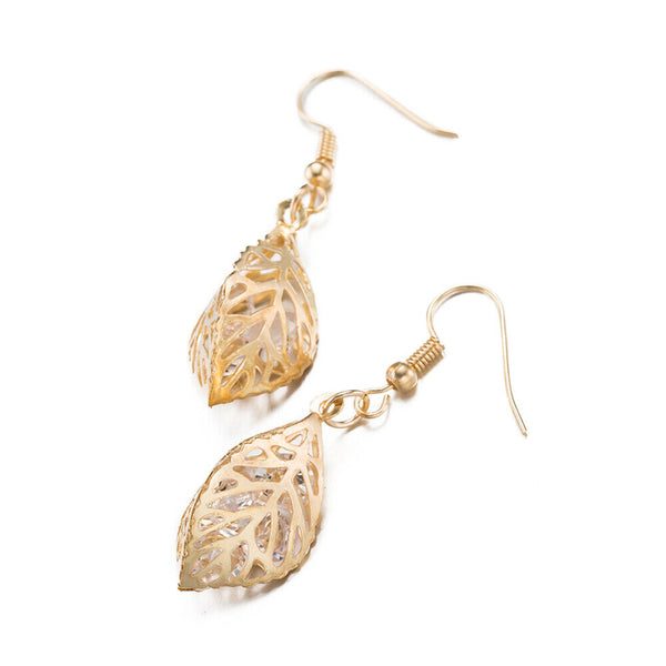 Dangle Earrings Glass Beads Leaf Clear Gold Fish Hook 46x14mm P137