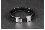 Stainless Steel Genuine Leather Bracelet Black Silver Men's Unisex Slide G382