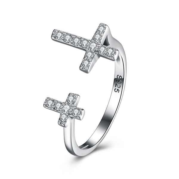 Sterling Silver Plated Fashion Resizable Ring AAA Zirconia Women Cross B418