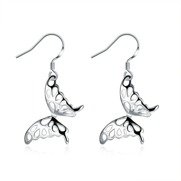 Sterling Silver Plated Dangle Earrings Butterfly Fish Hook 36x23mm P131