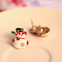 Christmas Snowman Rhinestone Enamel Stud Earrings Gold 22x15mm P162