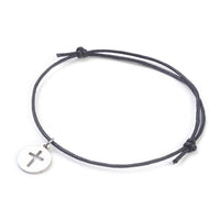 Stainless Steel Charm Bracelet Waxed Cotton Cord Cross Black Adjustable Z119