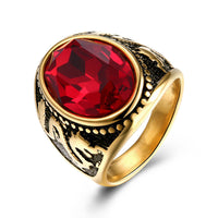 Stainless Steel Yellow Gold Plated Mens Ring Red Stone B551