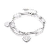 Stainless Steel Charm Bracelet  Clay Rhinestone Lobster Heart Silver 6.8" Z174