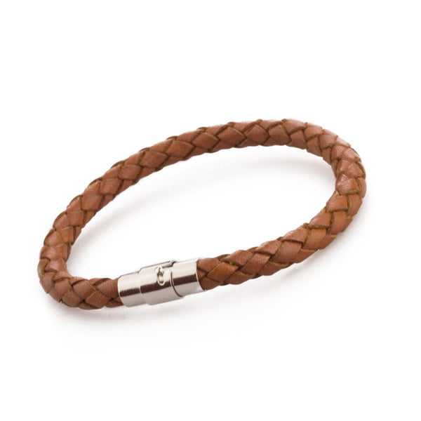 Men Women's Braided Leather Stainless Steel Magnetic Clasp Bracelet Brown 