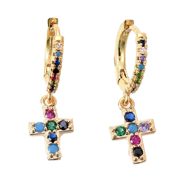 Dangle Hoop Earrings Micro Pave Cubic Zirconia Cross Gold 27mm Pin 0.8mm P321