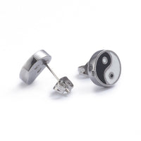 Stud Earrings Finding Silver Plated Round Yin Yang Black  9.7mm, Pin: 0.6mm P316