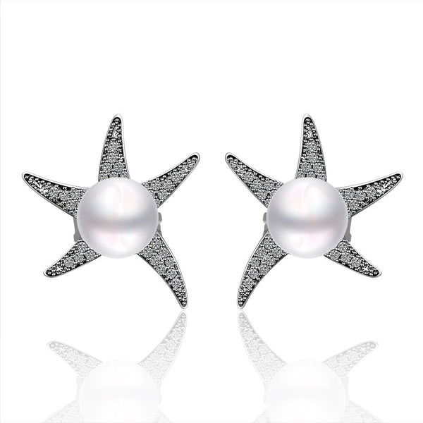 White Gold Pearl Stone Zirconia Star Fish Stud Drop Earrings L141