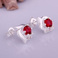 Sterling Silver Drop Dangle Stud Earrings Red Zirconia L39