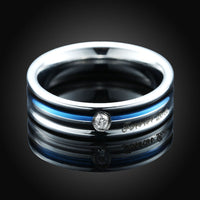 Stainless Steel Band Fashion Wedding Ring Blue AAA Zirconia Mens Unisex B467