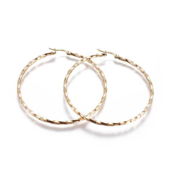 304 Stainless Steel Hoop Earrings Twisted Ring Gold 2.5" Inch Pin 0.8mm  P611