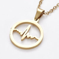 Stainless Steel Set Earring Pendant Necklace Flat Round Heartbeat Gold 18" P793