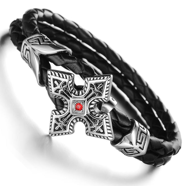 Mens Unisex Stainless Steel Black Genuine Leather Star Gothic Stone Bracelet G84