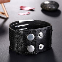 Leather Bracelet  Handmade Black 9 Inches 34MM Button Clasp L514