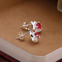 Sterling Silver Drop Dangle Stud Earrings Red Zirconia L39