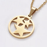 Stainless Steel Set Earring Pendant Necklace Flat Round Star Gold 18" P797