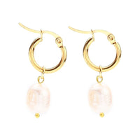 Stainless Steel Hoop Earrings Rice Cultured Freshwater Pearl Gold White Z307