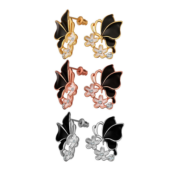 Rose Gold Platinum Plated Black Earrings Zirconia Push Back Butterfly .68" L303