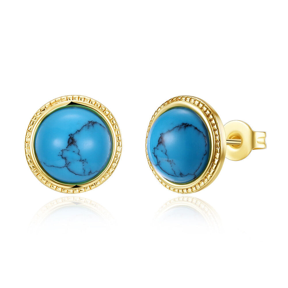 Yellow Gold Plated Earrings Stud Kallaite Blue Push Back Clasp L529