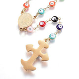 Hmade Rosary Necklace Stainless Enamel Necklace Cross Pendant Gold 25" P36