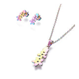 Stainless Steel Set Stud Earring Pendant Necklace Flower 17.7" Pin 0.8mm P484