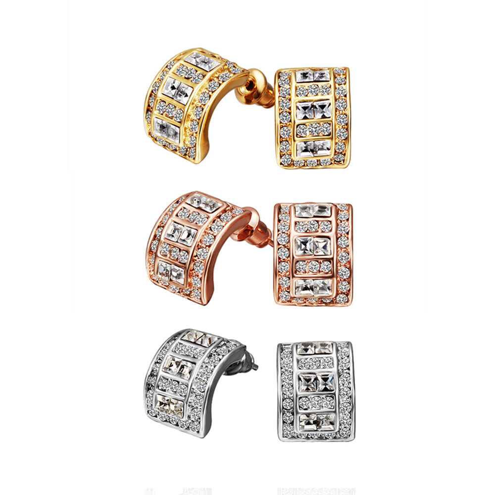 Rose Gold Platinum Plated  Earrings Stud AAA Zirconia Push Back .36" L297